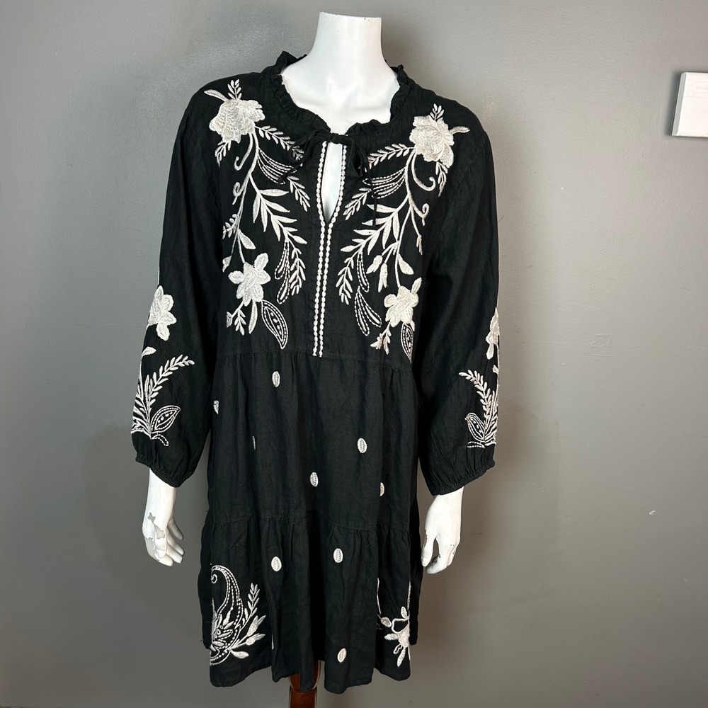 Johnny Was Linen Dress Large Lagenlook Bird Floral Tiered NWT Nature Earthy - Picture 2 of 12